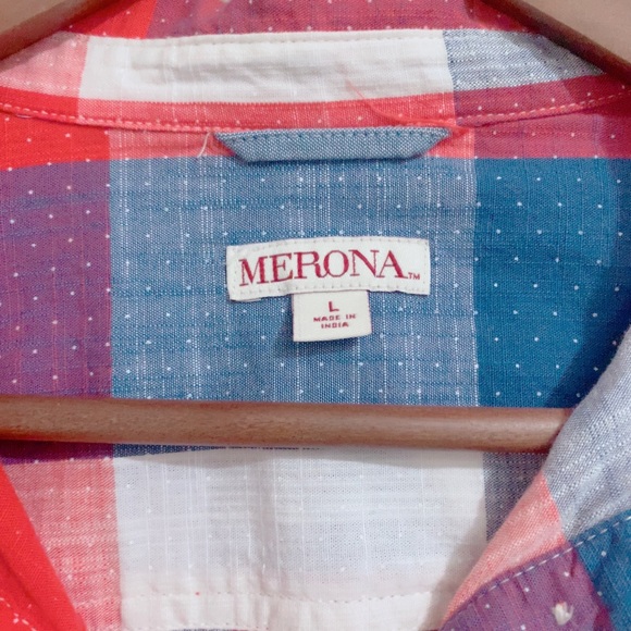 Merona Blue Red Dotted Checkered Shirt Top Blouse L Large - Picture 6 of 7